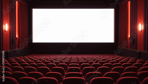Empty Movie Theater with Red Seats and Blank Screen Generative AI