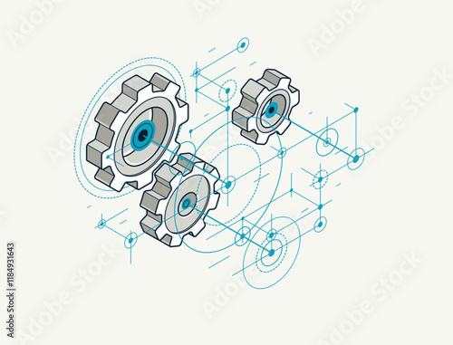 Mechanical engineering concept, gears and cogs with project drawing draft isometric 3D vector illustration, cogwheels system technology and technics machinery engine.