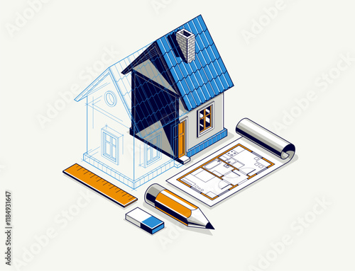 House project implementation embodiment concept, 3D isometric vector illustration of a small house building project, construction architectural model, idea in progress.