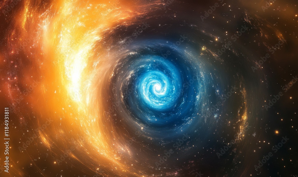 Spiral of colors and stars with a bright blue center. The spiral is surrounded by a bright orange and yellow background Spiral of colors and stars with a bright blue center. The spiral is surrounded by a bright orange and yellow background