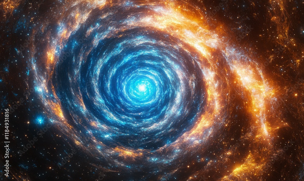 Spiral of colors and stars with a bright blue center. The spiral is surrounded by a bright orange and yellow background Spiral of colors and stars with a bright blue center. The spiral is surrounded by a bright orange and yellow background
