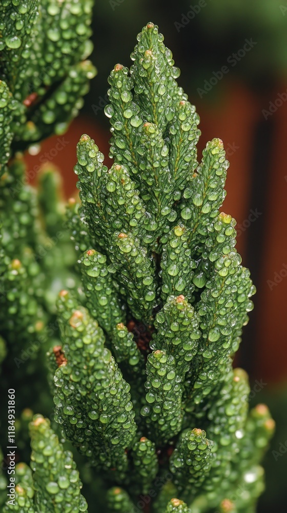 Close-up of dew-covered evergreen foliage. Close-up of dew-covered evergreen foliage.