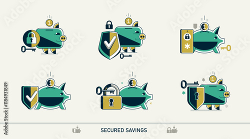 Secured savings vector detailed icons set with piggybank, personal account privacy, retirement savings, insurance and warranty.