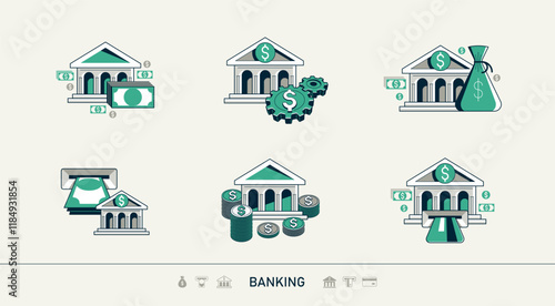 Banking vector detailed icons set, bank building and cash money, deposit and credit, online banking, personal account.