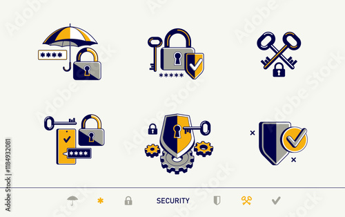 Safety and security vector detailed icons set, lock and password, virus risk cybersecurity, account privacy protection.