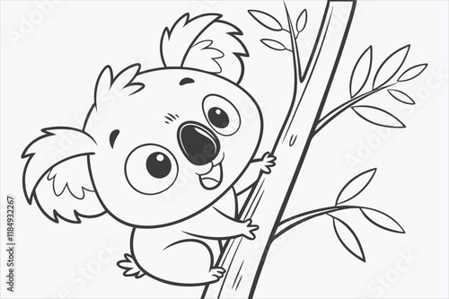 A cartoon illustration of a baby koala climbing a tree