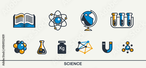 Science vector detailed icons set, school and university education bundle, scientific study and research, physics and chemistry.