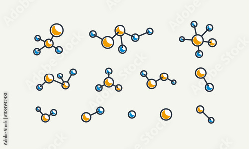 Chemical molecules vector icons set, chemistry science theme, laboratory research and experiments, pharmacology and healthcare.