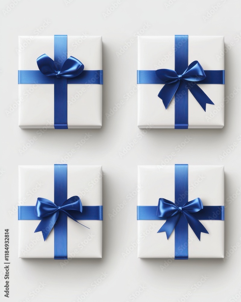 Four elegant white gift boxes with vibrant blue ribbons arranged neatly on a light background. Four elegant white gift boxes with vibrant blue ribbons arranged neatly on a light background.