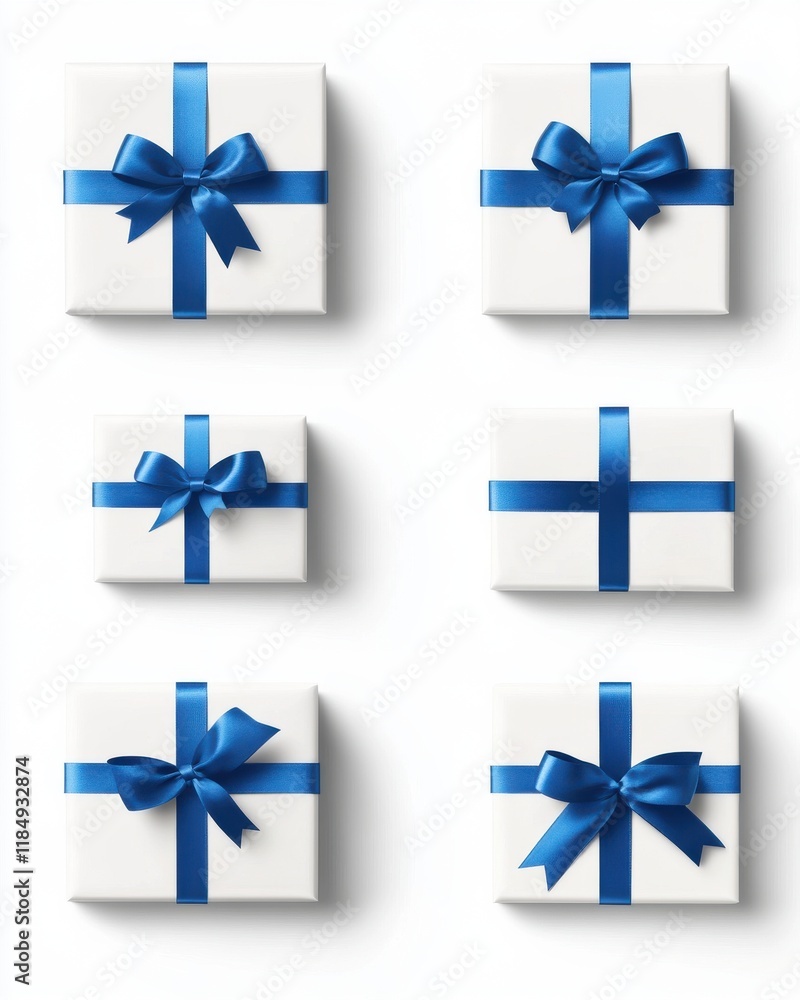 Six neatly arranged white gift boxes adorned with elegant blue ribbons. Six neatly arranged white gift boxes adorned with elegant blue ribbons.