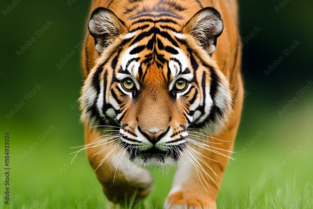 Obraz premium A majestic tiger prowls through lush green grass, showcasing its striking orange and black stripes with an intense gaze.