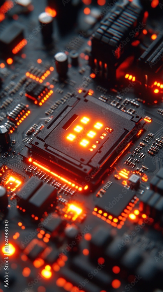 Close-up of glowing computer circuit board with central processor. Close-up of glowing computer circuit board with central processor.