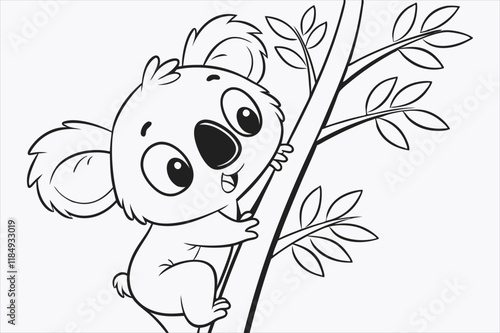 A cartoon illustration of a baby koala climbing a tree
