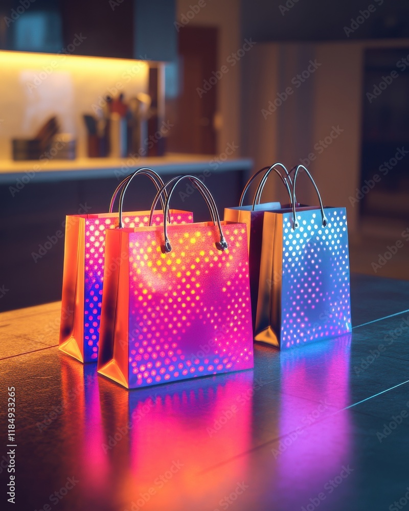 custom made wallpaper toronto digitalColorful shopping bags in vibrant hues of orange and blue, illuminated softly in a cozy kitchen setting.