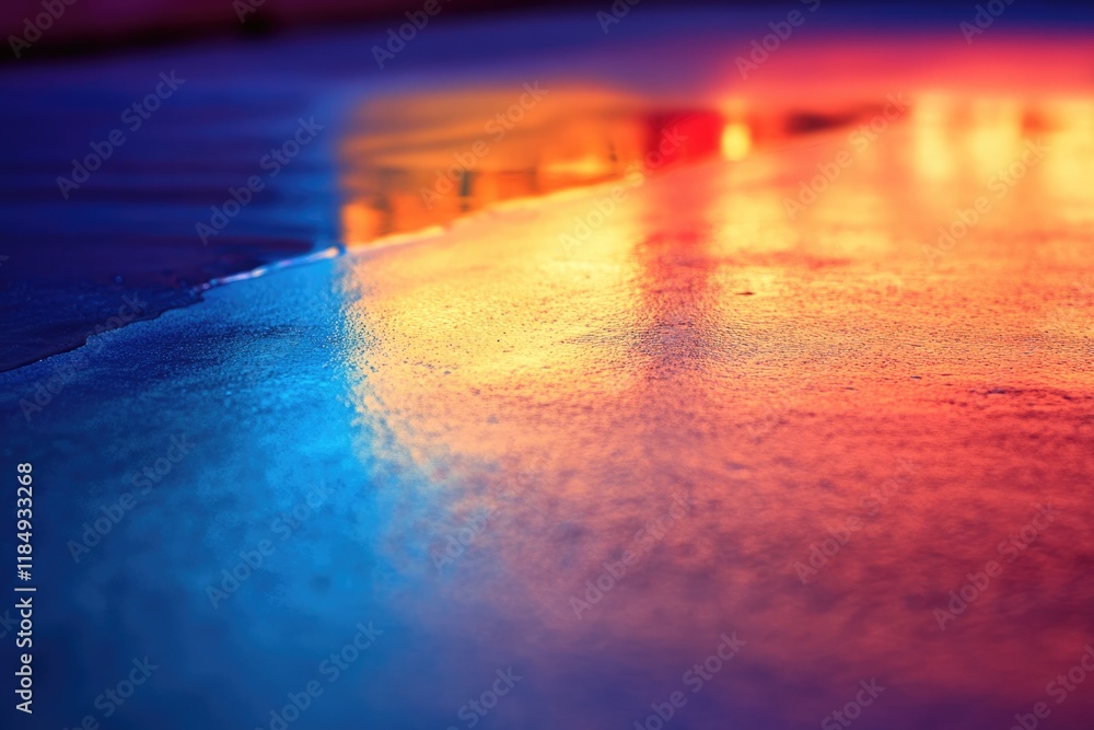 Obraz premium Vibrant sunset reflected on a wet surface, creating a beautiful, surreal, and colorful abstract image.