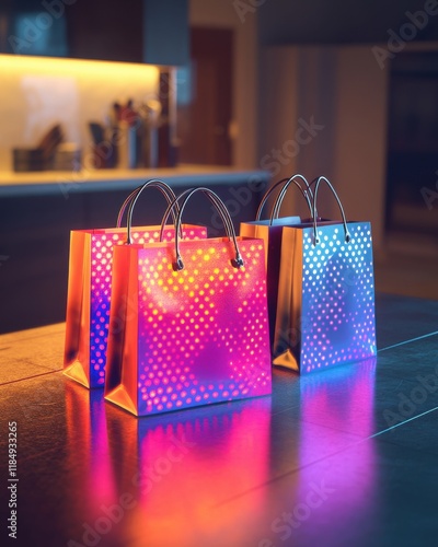 Wallpaper Mural Colorful shopping bags in vibrant hues of orange and blue, illuminated softly in a cozy kitchen setting. Torontodigital.ca