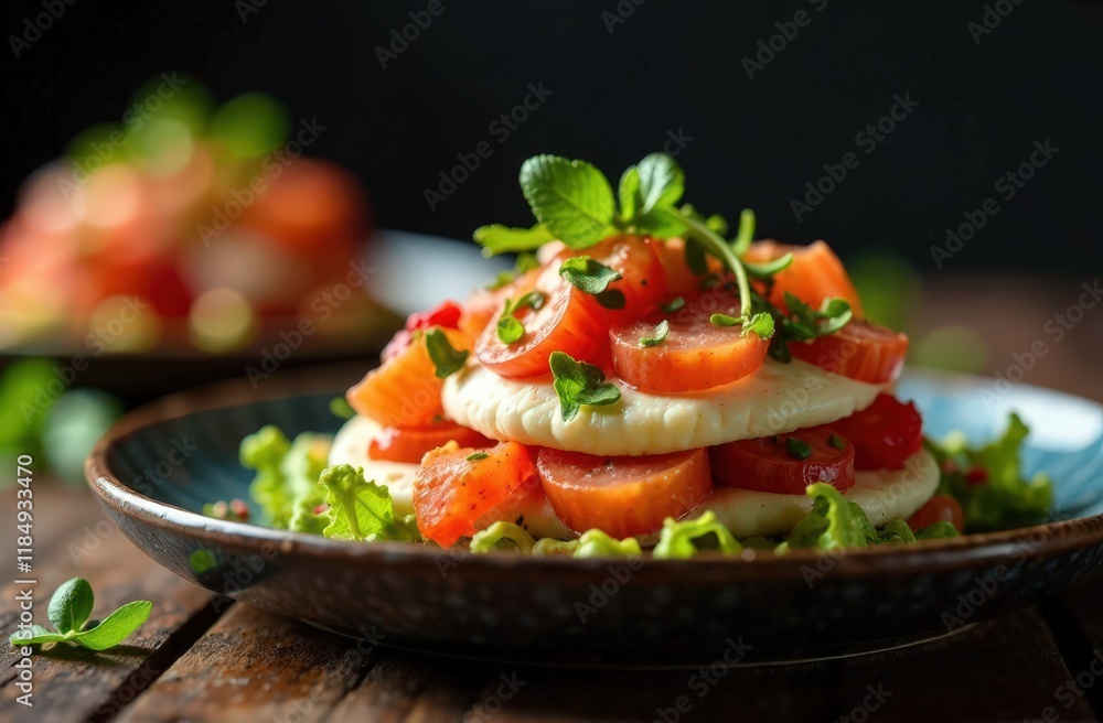 elegant delicious breakfast on plate on black background