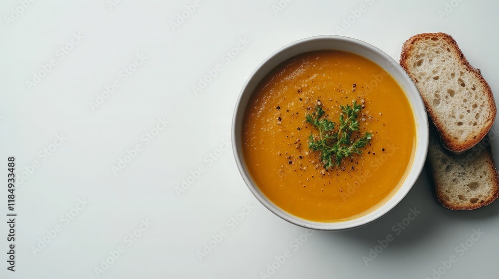 A rich creamy pumpkin soup served with a side of crispy bread, placed on a clean white surface. A rich creamy pumpkin soup served with a side of crispy bread, placed on a clean white surface.