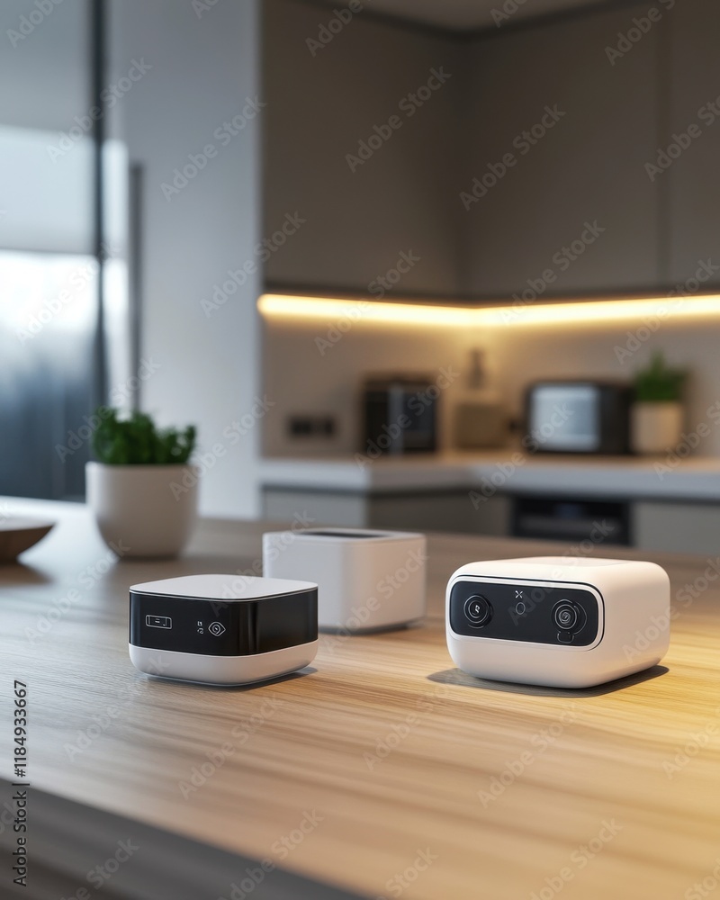 Modern black and white smart home devices on a sleek kitchen countertop in a bright, minimalist setting. Modern black and white smart home devices on a sleek kitchen countertop in a bright, minimalist setting.