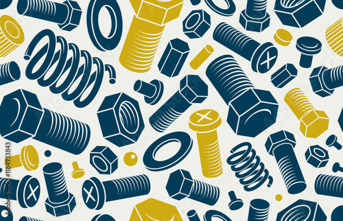 Mechanical engineering seamless background with bolts and nuts, vector invention and renovation tiling wallpaper, fix and repair, elements easy to use separately.