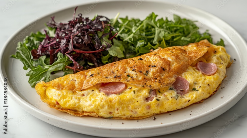 A classic omelet filled with ham, cheese, and onions, served on a white plate with a side of mixed greens. A classic omelet filled with ham, cheese, and onions, served on a white plate with a side of mixed greens.