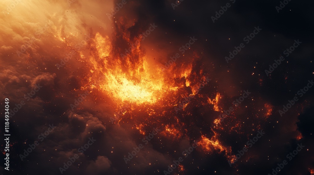 A dramatic explosion of orange and yellow flames against a dark smoky background. A dramatic explosion of orange and yellow flames against a dark smoky background.