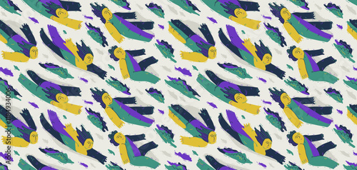 Dreamers conceptual seamless background, illustrative vector people flying among the clouds, freedom of imagination relaxed levitation, tranquil and hypnotic emotions.