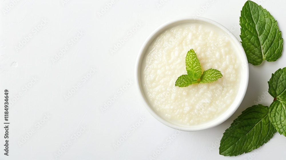 Rice pudding on white, creamy rice dessert, mint leaves garnish, dessert close up copy space, minimalist food photo
Rice pudding on white, creamy rice dessert, mint leaves garnish, dessert close up copy space, minimalist food photo