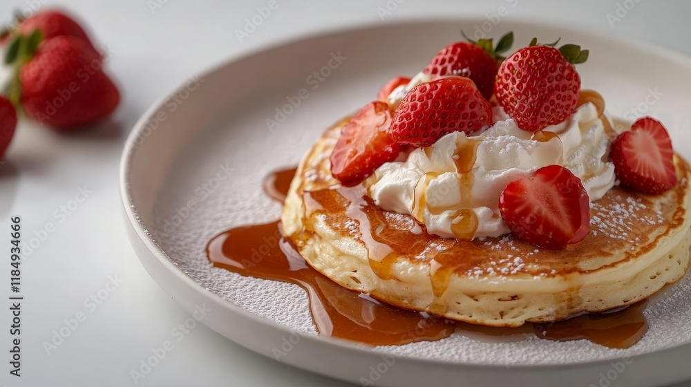 A plate of pancakes served with whipped cream, fresh strawberries, and a drizzle of caramel sauce, placed on a white ceramic plate. A plate of pancakes served with whipped cream, fresh strawberries, and a drizzle of caramel sauce, placed on a white ceramic plate.