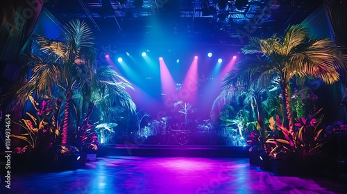 A stage with a tropical jungle theme featuring large palm trees and vibrant lighting  photo