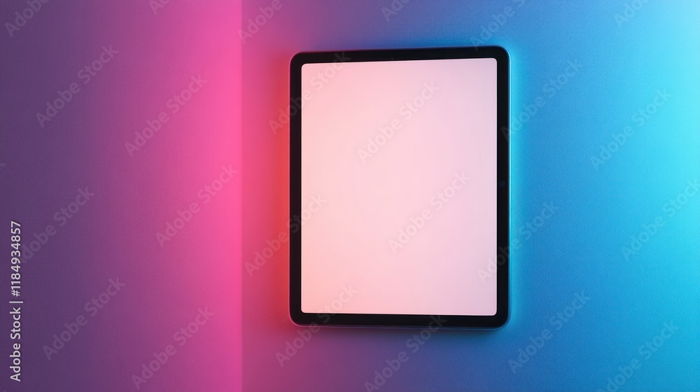 Square tablet on wall with pink and blue neon lighting. Square tablet on wall with pink and blue neon lighting.