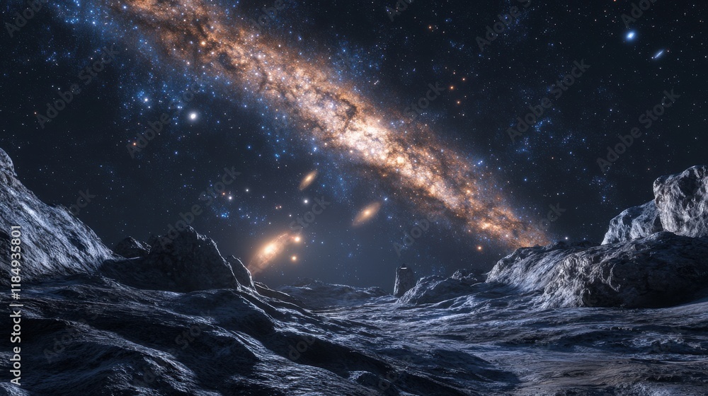 Fototapeta premium A breathtaking view of a distant galaxy from a rocky extraterrestrial landscape under a starry sky.