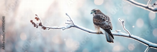 Majestic hawk rests on snowy branch while surveying a winter wonderland in the serene landscape photo