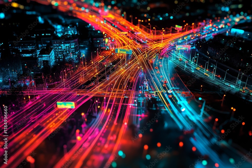 Fototapeta premium Night city highway, vibrant light trails, speeding vehicles.