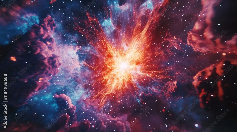 custom made wallpaper toronto digitalVibrant explosion of colors in a cosmic nebula, showcasing deep blues, fiery reds, and bright yellows.
