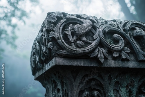 Intricate stone carving, possibly part of a column or monument, shows detailed floral and possibly zoomorphic patterns, weathered by time and exposure. photo