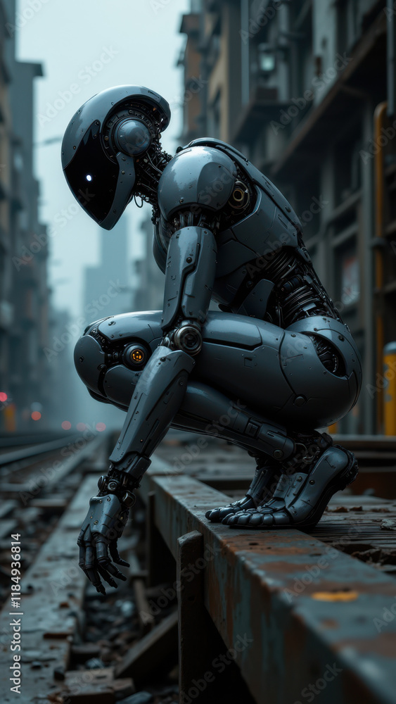 An undetectable AI robot sits alone on a decrepit metal structure, contemplating its next move in an abandoned cityscape. An undetectable AI robot sits alone on a decrepit metal structure, contemplating its next move in an abandoned cityscape.