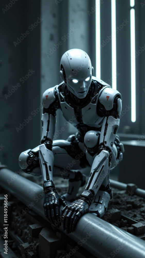 Intelligent AI robot standing near railroad tracks, set against futuristic backdrop with neon lights. Intelligent AI robot standing near railroad tracks, set against futuristic backdrop with neon lights.
