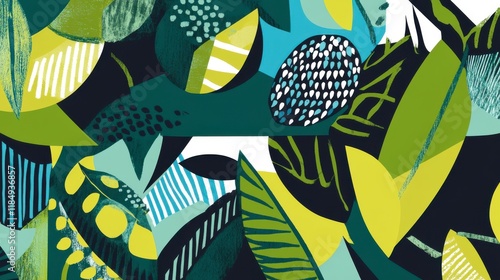 Vibrant Abstract Botanical Pattern with Bold Colors and Intricate Leaf Design