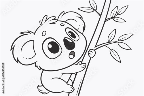 A cartoon illustration of a baby koala climbing a tree