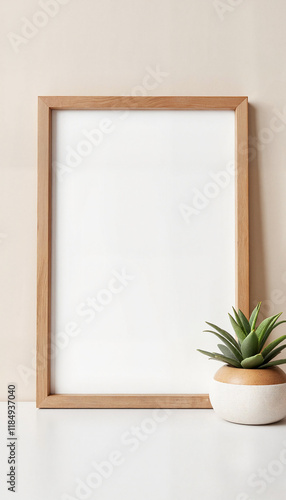 Wooden Frame With Mat on neutral background with plant