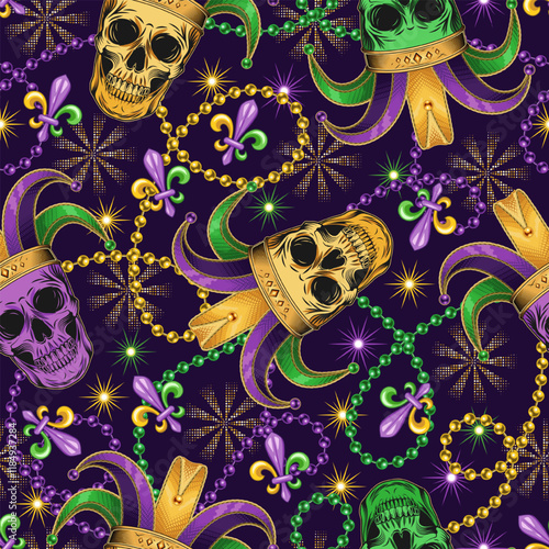 Seamless Mardi Gras pattern with human skull in jester hat, interlaced strings of beads, Fleur de Lis sign, stars. Randomly scattered objects. Festive holiday design. Vintage style