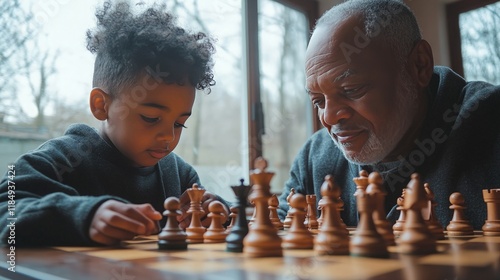 A grandfather and grandson playing chess together at a table, with focused expressions, in a bright room filled with natural light.