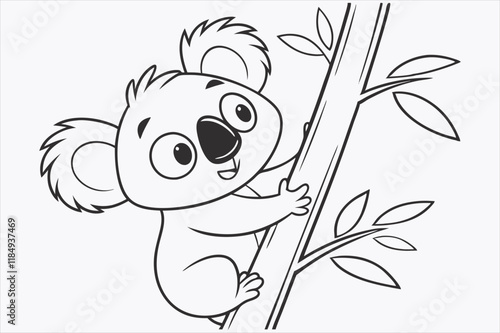 A cartoon illustration of a baby koala climbing a tree
