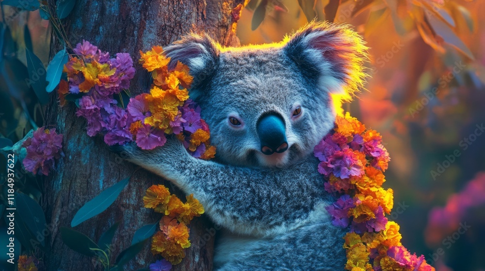 A koala adorned with a stunning array of vibrant flowers engages with its natural environment, clinging to a tree trunk as the sun sets, casting a warm glow over the scene A koala adorned with a stunning array of vibrant flowers engages with its natural environment, clinging to a tree trunk as the sun sets, casting a warm glow over the scene