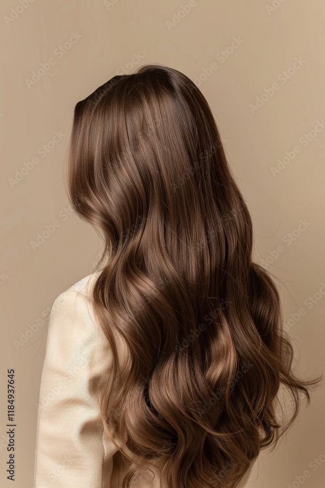 Long, wavy brown hair cascading over the shoulder against a neutral background in an indoor setting Long, wavy brown hair cascading over the shoulder against a neutral background in an indoor setting
