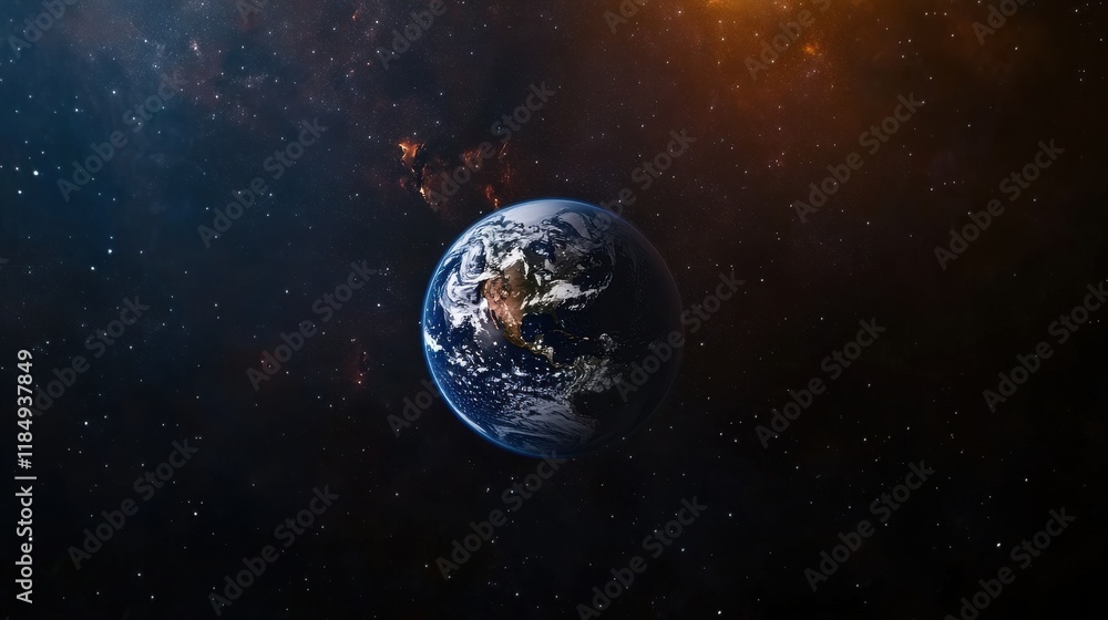 Naklejka premium A stunning view of Earth from space, showcasing the blue oceans and green continents against the dark cosmos.
