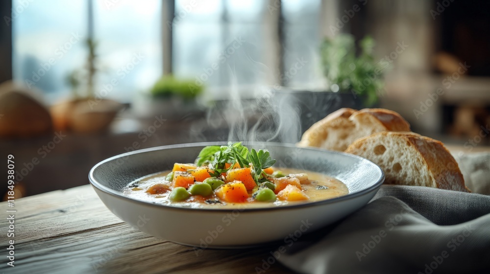 A beautifully plated traditional dish featuring vibrant colors, with a steaming bowl of soup and fresh bread on the side, set on a rustic wooden table. A beautifully plated traditional dish featuring vibrant colors, with a steaming bowl of soup and fresh bread on the side, set on a rustic wooden table.