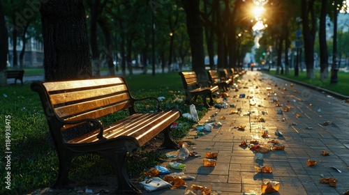 A row of benches in a park with trash on the ground photo