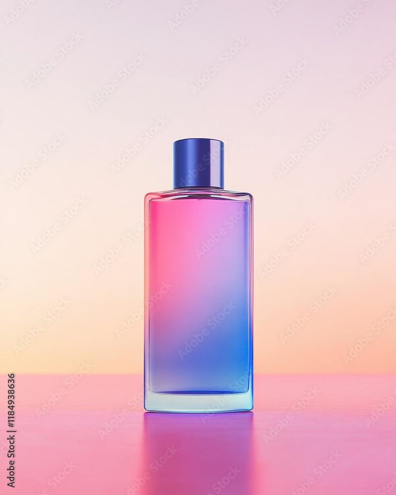 A sleek, colorful perfume bottle with a gradient from pink to blue against a soft pastel background. A sleek, colorful perfume bottle with a gradient from pink to blue against a soft pastel background.